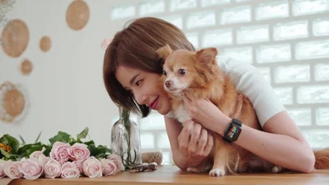 Florist lovingly cuddling her pet dog amid floral arrangements Stock Footage 272213204