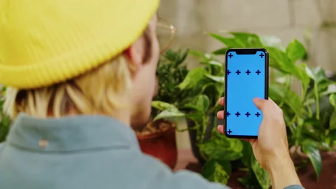 Florist man using smartphone with chroma key. Greenhouse worker holding phone Stock-Footage 195118139