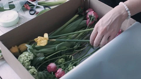 Florist open the box with flowers Stock Footage 128138819