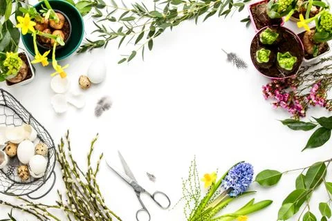 Florist or decorator table surface overhead view, Easter decoration concept w Stock Photos