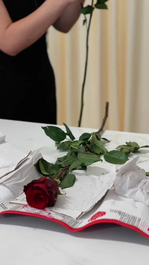 The florist takes a red rose from the table. Stock Footage 317961454
