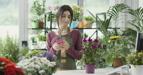 Florist taking orders on her smartphone Stock Footage 297784567
