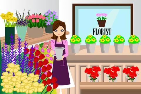 Florist Working with Bunch of Different flowers Stock Illustration