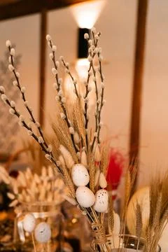 Florist workspace with tools and dried flowers on a wooden table, capturing the Stock Photos