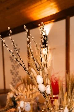 Florist workspace with tools and dried flowers on a wooden table, capturing the Stock Photos