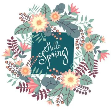 Floristic design with circular wreath in flat style on white Stock Illustration