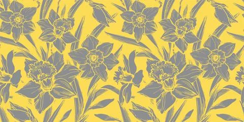 Floristic seamless pattern with closeup silhouettes of daffodil flowers. Stock Illustration