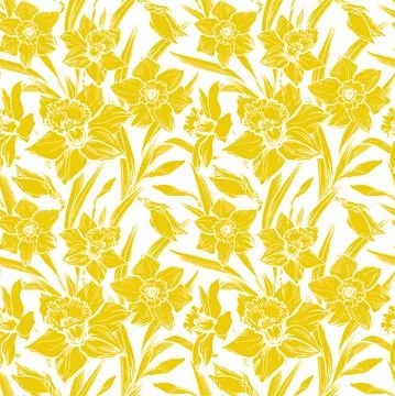 Floristic seamless pattern with closeup yellow silhouettes of daffodil flowers Stock Illustration