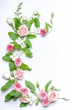 Floristic vertical wedding composition: bindweed leaves, flowers and rosebuds Stock Photos