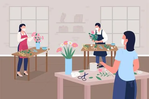 Floristry workshop during pandemic flat color vector illustration Stock Illustration