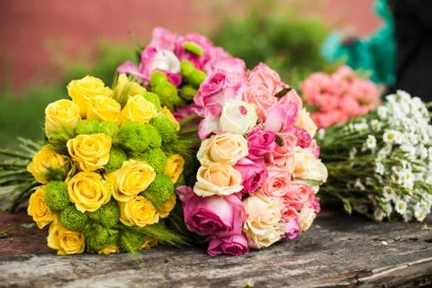 Florist's table with prepared bouquets Stock Photos