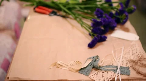 Florist's Workspace Ready to Design Nice Spring Bouquet. Stock Footage 63099379