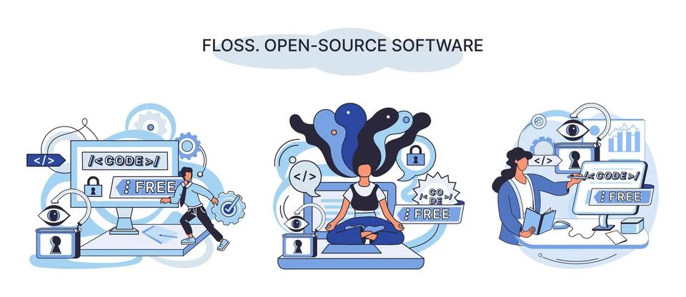 FLOSS open source software. Free product anyone can freely redistribute modify 스톡 일러스트