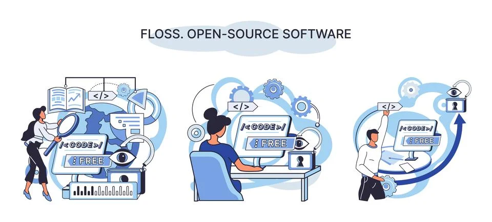 FLOSS open source software. Free product anyone can freely redistribute modify Stock Illustration