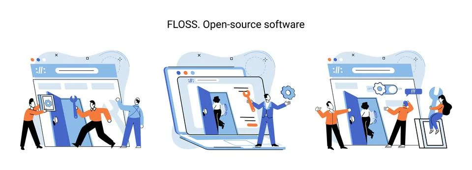 FLOSS open source software. Free product anyone can freely redistribute modify Stock Illustration