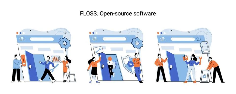 FLOSS open source software. Free product anyone can freely redistribute modify Illustrazione stock