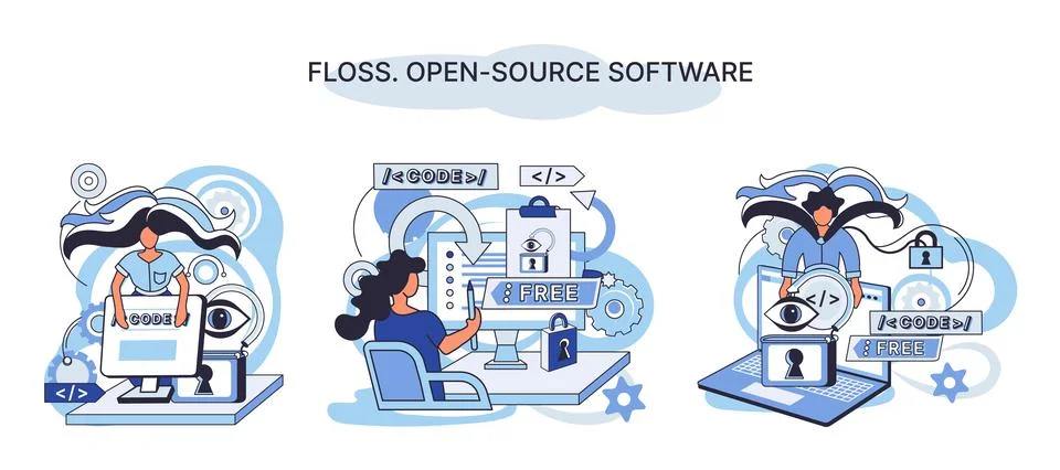 FLOSS open source software. Free product anyone can freely redistribute modify Stock Illustration