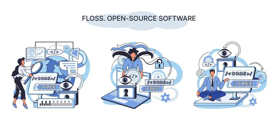 FLOSS open source software. Free product anyone can freely redistribute modify Illustrazione stock