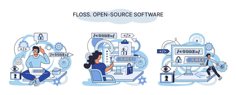 FLOSS open source software. Free product anyone can freely redistribute modify Stock Illustration