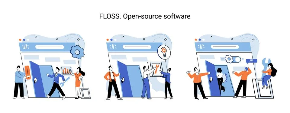 FLOSS open source software. Free product anyone can freely redistribute modify Illustrazione stock