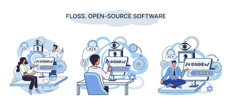 FLOSS open source software. Free product anyone can freely redistribute modify Stock Illustration