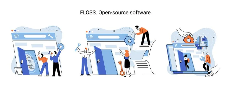 FLOSS open source software. Free product anyone can freely redistribute modify Stock Illustration