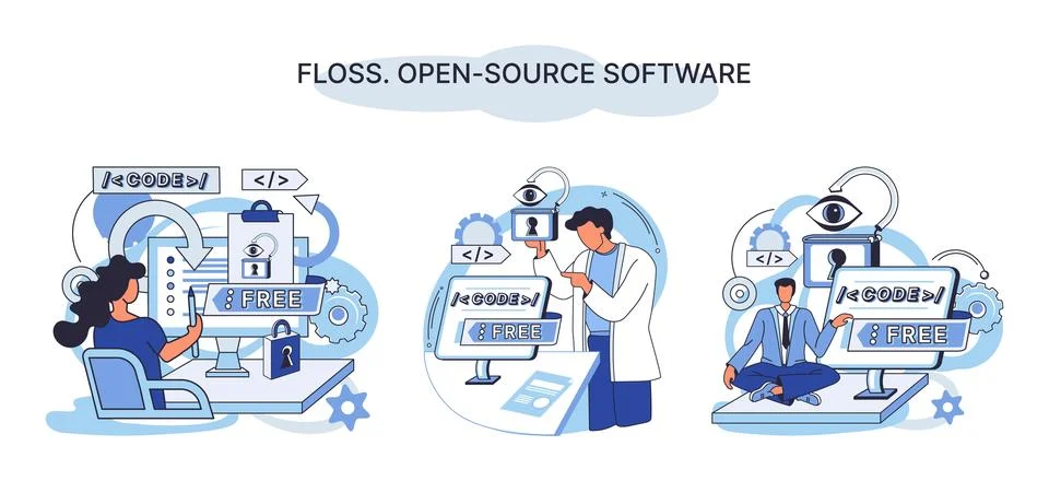 FLOSS open source software. Free product anyone can freely redistribute modify Stock Illustration