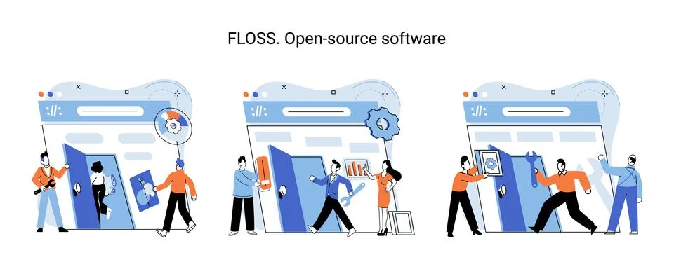 FLOSS open source software. Free product anyone can freely redistribute modify Stock Illustration