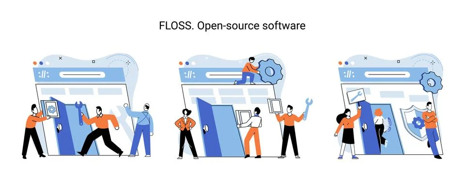 FLOSS open source software. Free product anyone can freely redistribute modify Stock Illustration