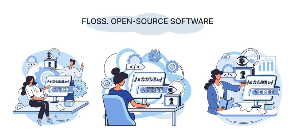 FLOSS open source software. Free product anyone can freely redistribute modify 스톡 일러스트