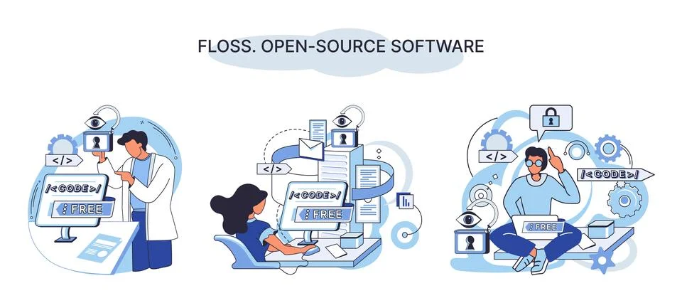 FLOSS open source software. Free product anyone can freely redistribute modify 스톡 일러스트