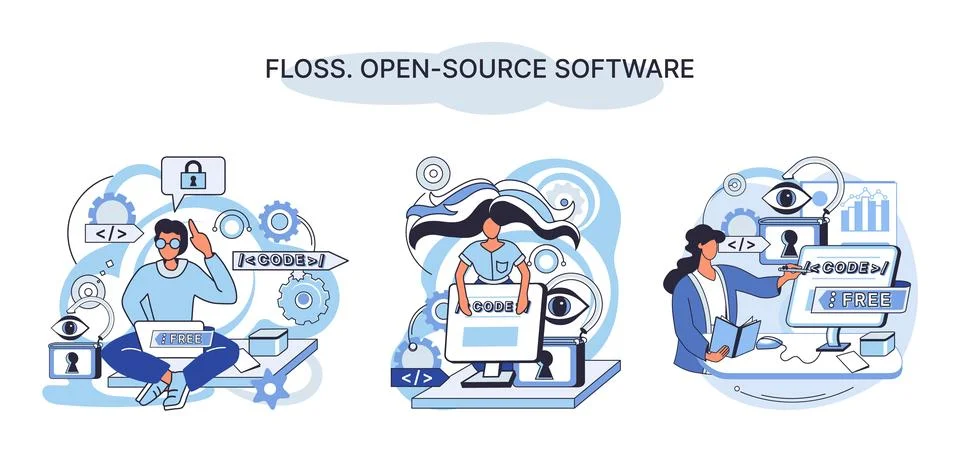 FLOSS open source software. Free product anyone can freely redistribute modify Illustrazione stock