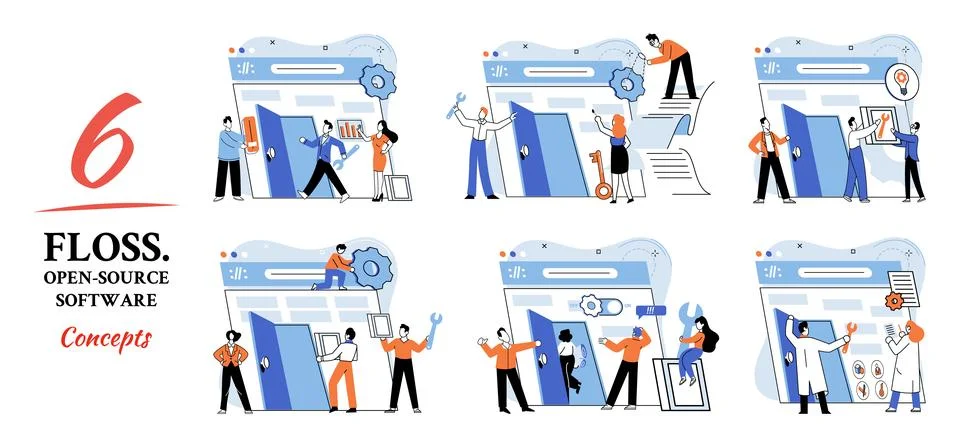 FLOSS open source software. Free product anyone can freely redistribute modify Stock Illustration