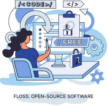 FLOSS open source software. Free product anyone can freely redistribute modify Illustrazione stock