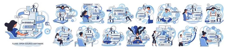 FLOSS open source software. Free product anyone can freely redistribute modify Illustrazione stock