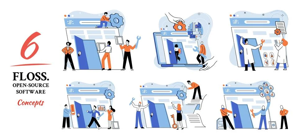 FLOSS open source software. Free product anyone can freely redistribute modify Stock Illustration