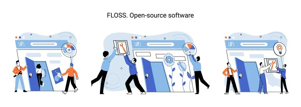 FLOSS open source software. Free product anyone can freely redistribute modify Stock Illustration