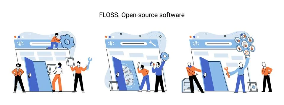 FLOSS open source software. Free product anyone can freely redistribute modify Illustrazione stock