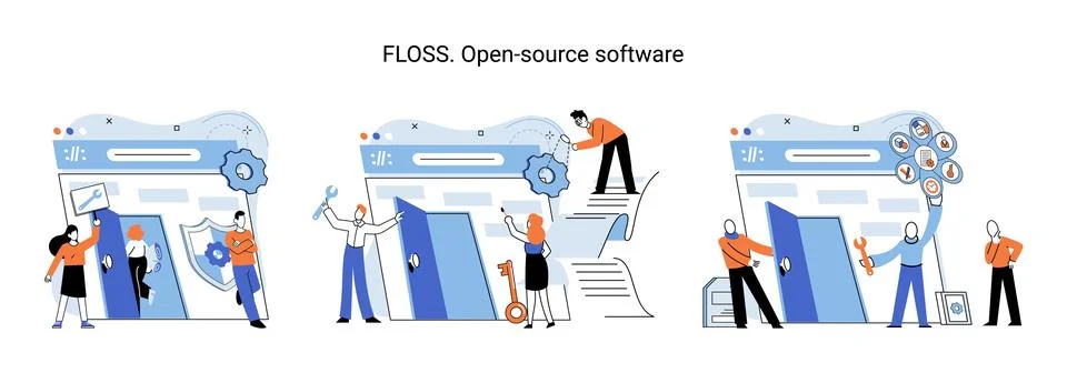 FLOSS open source software. Free product anyone can freely redistribute modify Stock Illustration
