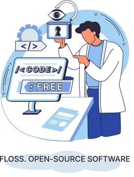 FLOSS open source software. Free product anyone can freely redistribute modify Stock Illustration