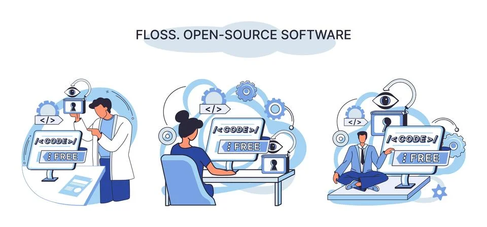 FLOSS open source software. Free product anyone can freely redistribute modify Stock Illustration