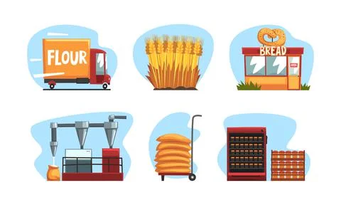 Flour and bread production set. Wheat harvesting, processing, packaging and Stock Illustration