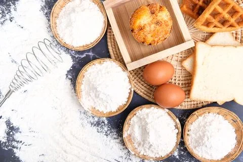 Flour and eggs for baking ingredients Stock Photos