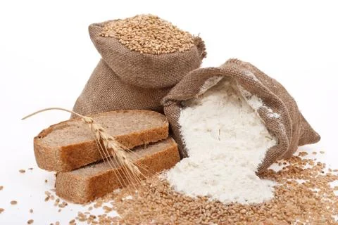Flour and wheat grain with bread Stock Photos