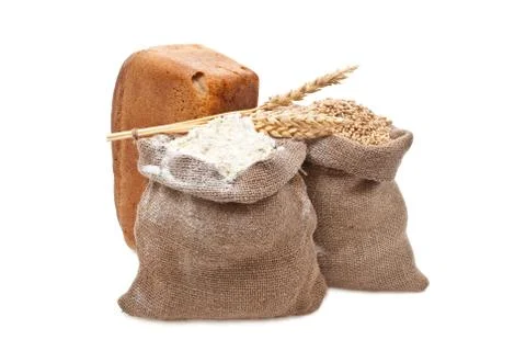 Flour and wheat grain with bread Stock Photos