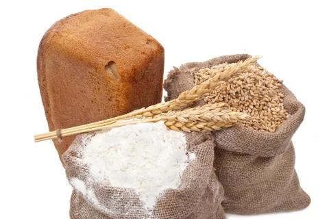 Flour and wheat grain with bread Stock Photos