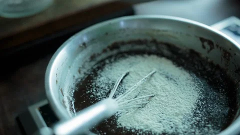 Flour being added to the batter Stock Footage 94881429
