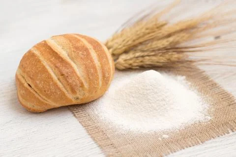 Flour, bread and wheat Stock Photos
