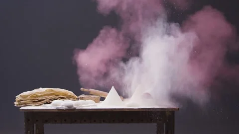 Flour explosion. Armenian bread-lavash. Dough. Rolling pin. Dust Video stock 199028766