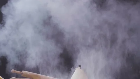 Flour explosion. Armenian bread-lavash. Dough. Rolling pin. Dust  Video stock 199028788